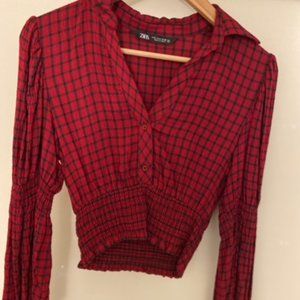 Black & red checkered cropped blouse